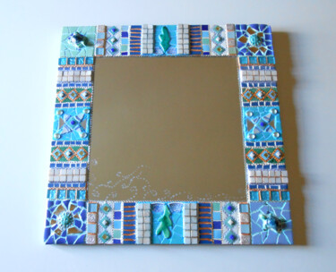 miroir mosaïque "tortue aquatiques  et soleils bleus"