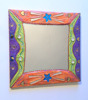 miroir mosaïque et peinture "bicolore" violet-étoiles bleues