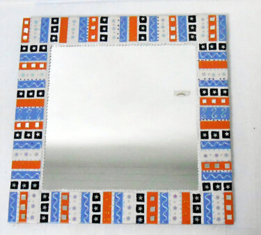 miroir carré mosaïque 'rayures  noires-bleues-blanc-orange