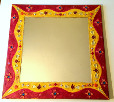 grand miroir mosaïque et peinture "Fraise-Mangue" 85 X 85 cm