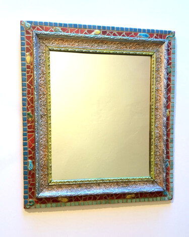 miroir mosaïque cadre bois ancien " poissons céramique"