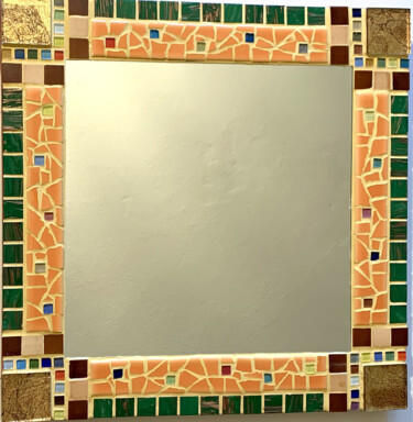 miroir mural carré mosaïque orange "soleil vert"