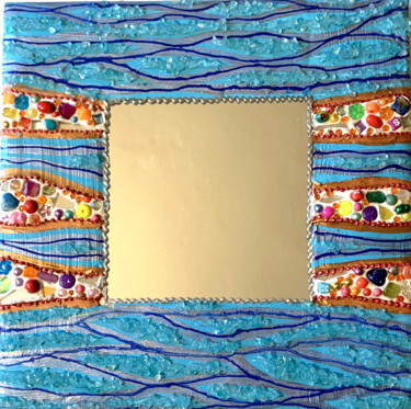 miroir décoration murale " verre bleu et perles"
