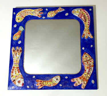 miroir mosaïque et peinture" poissons de perles " 60 X 60 cm