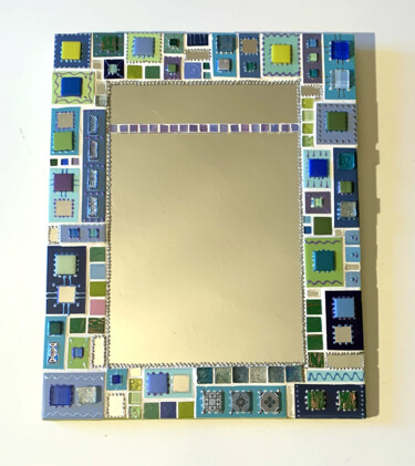 miroir mosaïque céramique "Patchs bleu-vert" 50 X 39 cm
